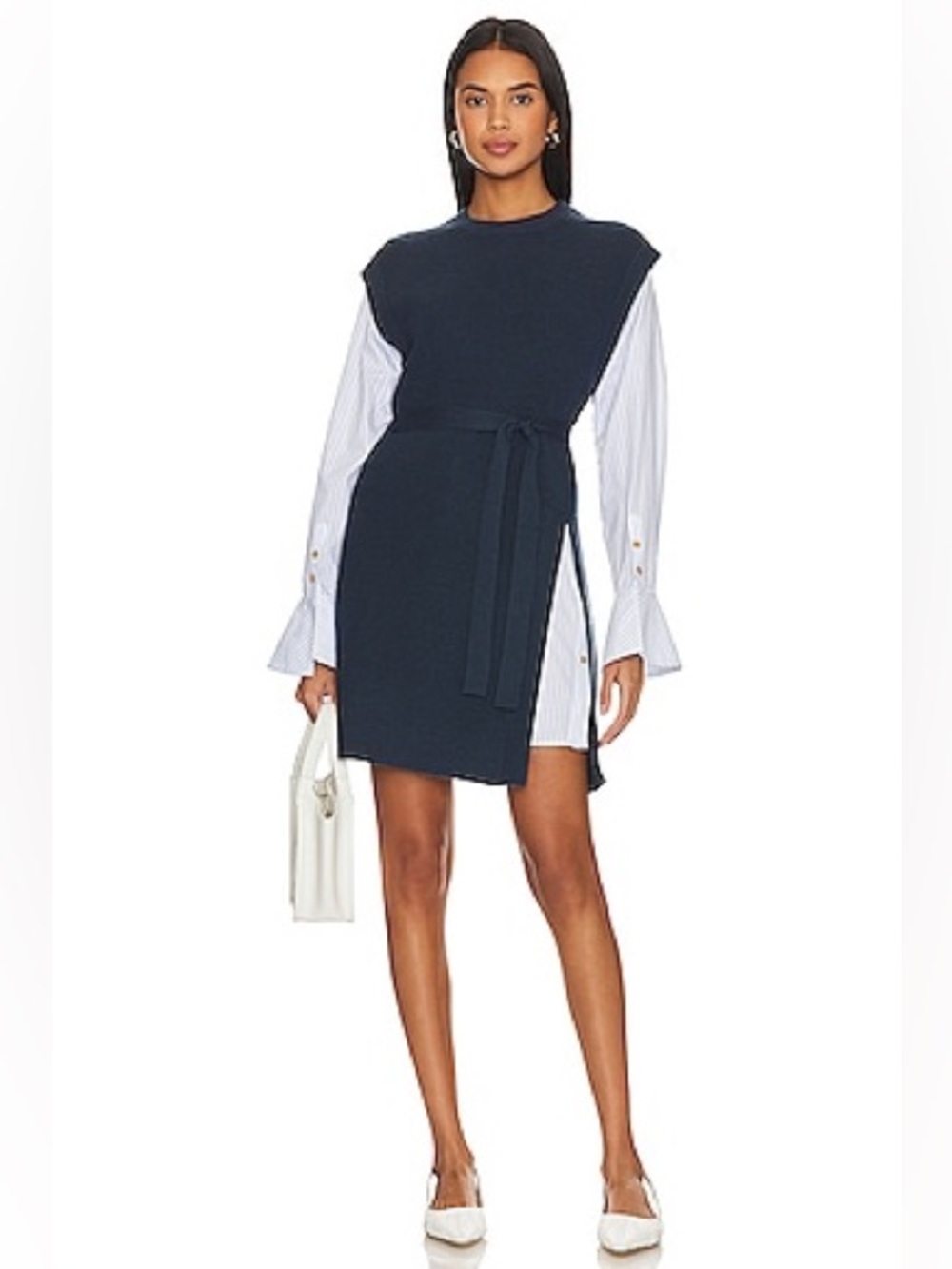 SIMKHAI Shai Belted Sweater Dress Navy Wool Poplin Layered Shirt Mini M